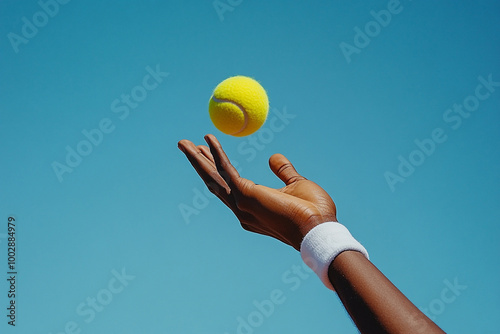 
A close-up shot of a tennis player’s hand tossing a bright yellow tennis ball against a clear blue sky, capturing the moment just before the serve. 