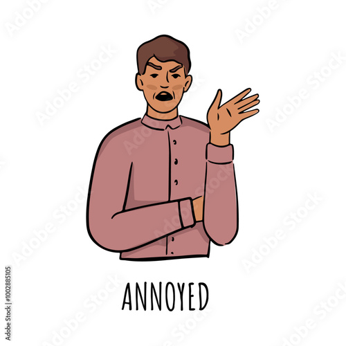 Irritated man showing annoyance and angry feeling expression. Vector flat cartoon character, isolated guy gesturing and shouting or expressing negative emotions. Furious or crossed, upset boy