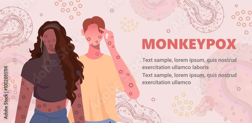 The woman and man is sick with smallpox and symptoms of monkeypox such as fever, rash, headache, swollen lymph node, rashes on face, body and back, muscle aches. Vector. Not AI generated
