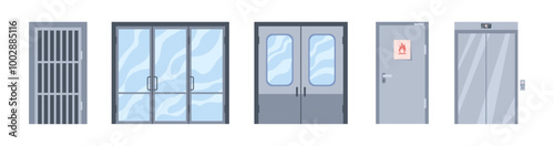 Steel protective doors of elevator, anti flame coating on entrance or gates. Vector isolated flat set of chrome or iron architectural elements for homes and houses, industrial and public spaces