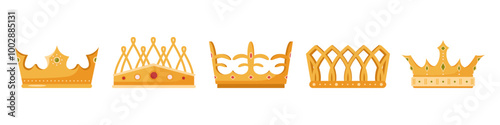 Royal family members headwear for coronation. Vector isolated flat crowns made of gold and gemstones jewelry. Royalty and monarchy, heraldry and traditional coronets and diadems for monarchs