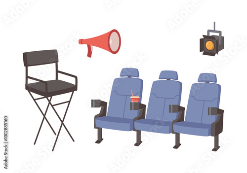 Director chair and seats of audience, megaphone and spotlight light for scene. Vector isolated set of cinema industry, cinematography filming process, rehearsal or audition for actors and actresses