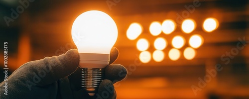 Asian man changing a compactfluorescent CFL bulb next to an LED, highlighting a lighting concept Bright ambient lighting, showcasing energyefficient options in a modern home photo