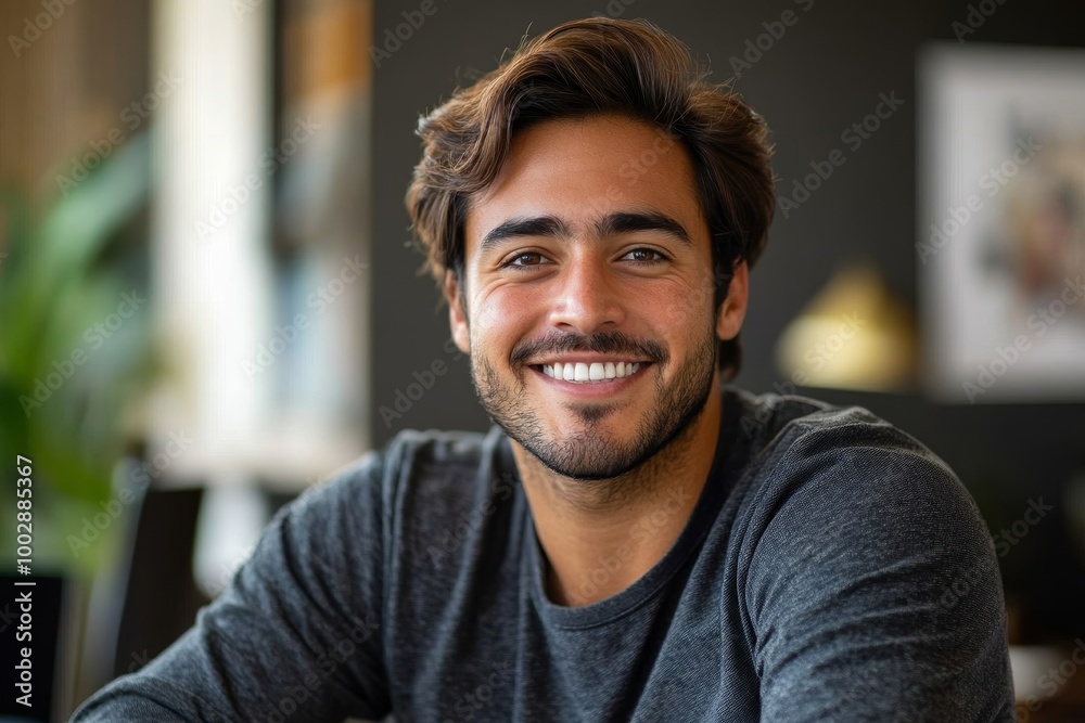 Close up portrait of young smiling hispanic man, businessman smiling and looking at camera, financier investor working inside office at workplace, satisfied with achievement results, Generative AI Close up portrait of young smiling hispanic man, businessman smiling and looking at camera, financier investor working inside office at workplace, satisfied with achievement results, Generative AI