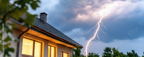 Dramatic lightning storm raging over a house with lit windows