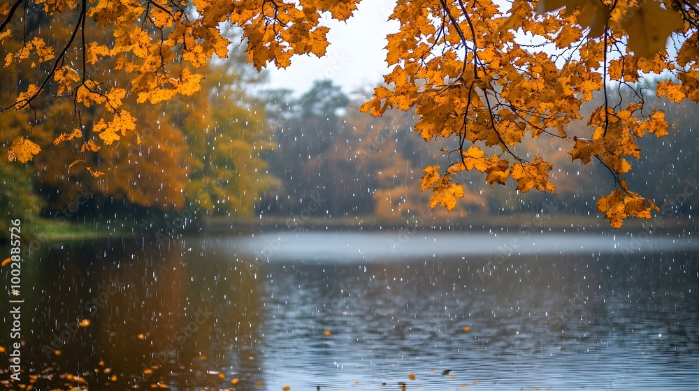 landscape autumn rain drops splashes in the forest background, october weather landscape landscape autumn rain drops splashes in the forest background, october weather landscape