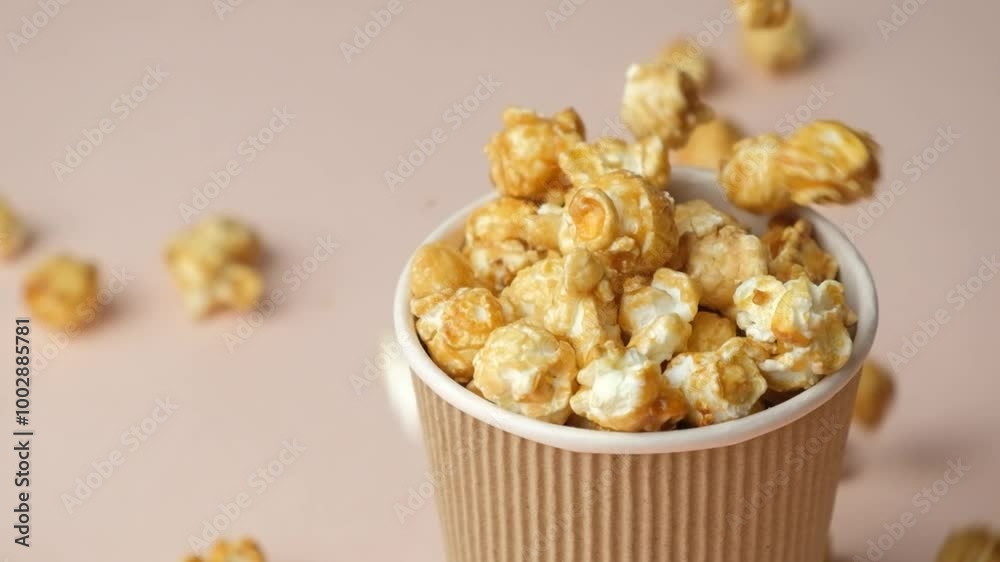 Sweet Caramelized Flying Popcorn on Beige Background Slow Motion. Sweet Caramelized Flying Popcorn on Beige Background Slow Motion.