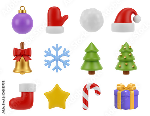 Xmas holiday decoration and accessories. Vector isolated set of santa claus sock for present, mittens and hat. Bauble for tree, pine and candy stick, bell with ribbon, snowflake and present