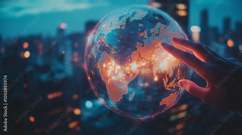 Close up of male hands pointing at glowing globe hologram on blurry night city background. World map, connect and earth concept. Double exposure Close up of male hands pointing at glowing globe hologram on blurry night city background. World map, connect and earth concept. Double exposure