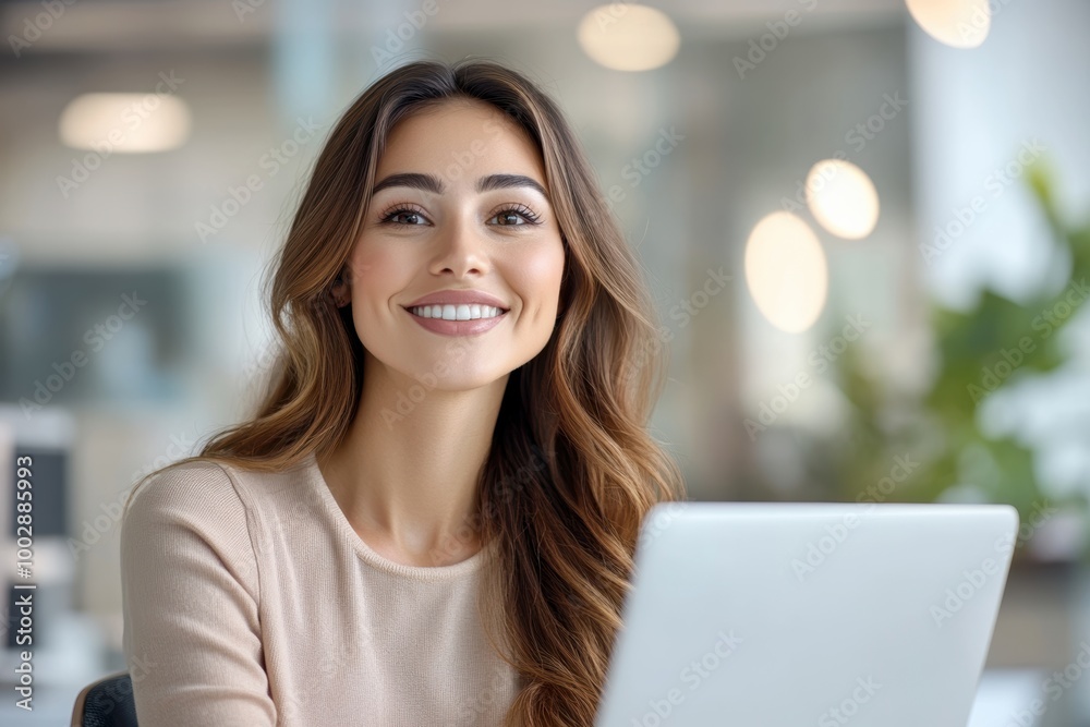 Smiling woman working on laptop in modern office. Bright interior with natural light, focused on her tasks. Smiling woman working on laptop in modern office. Bright interior with natural light, focused on her tasks.
