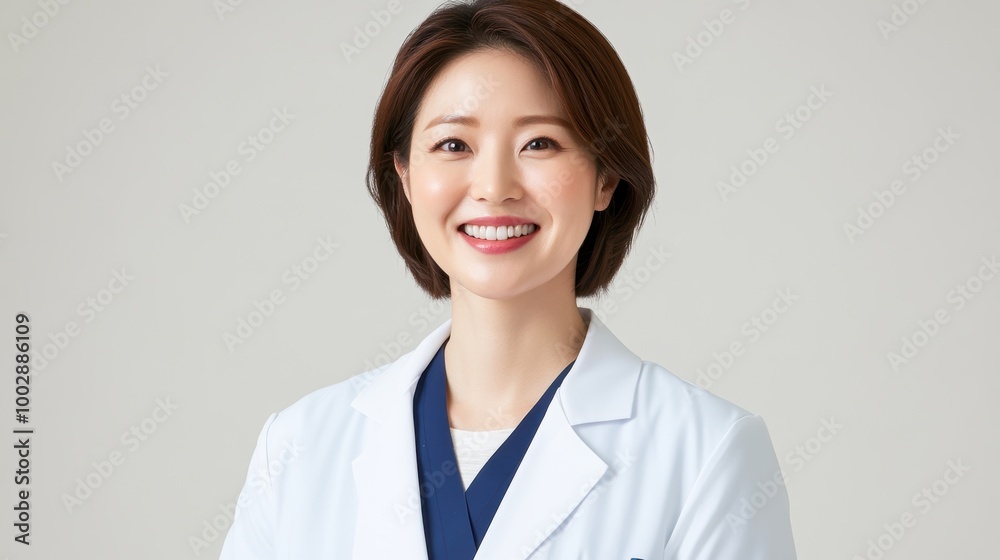 Smiling female doctor in a white coat, looking confidently at the camera against a neutral background. Smiling female doctor in a white coat, looking confidently at the camera against a neutral background.