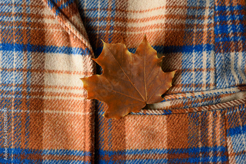 Autumn coat with maple leaf in pocket photo