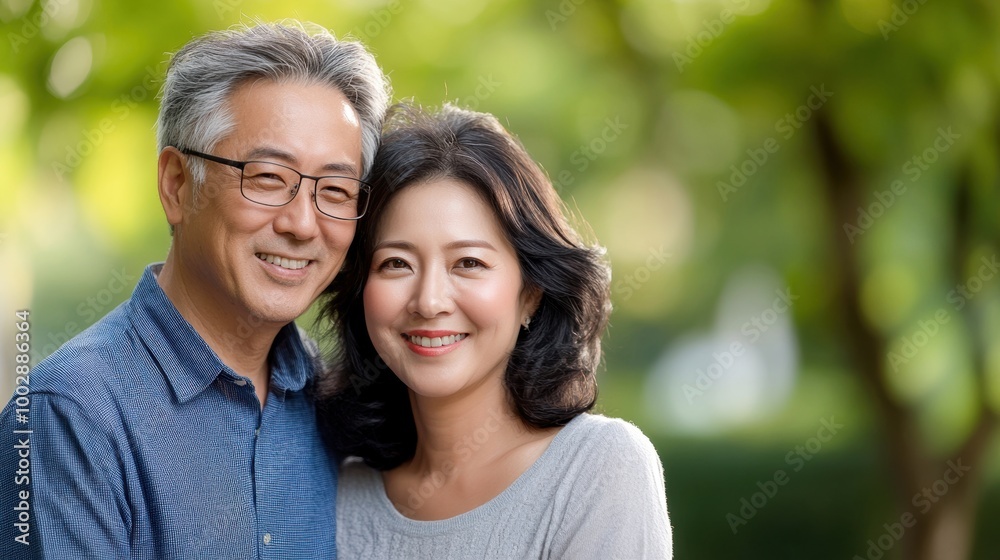 Happy couple enjoying a sunny day together outdoors with greenery in the background. Happy couple enjoying a sunny day together outdoors with greenery in the background.