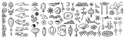 Asian ornaments and chinese elements. Vector isolated sketch outline of paper lanterns and clouds, tea ceremony pot and cup, bamboo tree and temple gate. Dragon and bell, mountains and nature