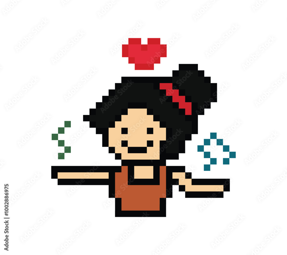 Obraz premium Cute cartoon pixel character cute woman exercises training dance lifestyle music decoration life style 8 bit female girl dance with music game fitness isolated PNG vector.