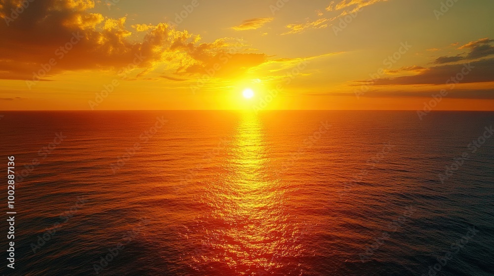 Obraz premium Capture the birds-eye view of a golden sunset over a vast ocean, highlighting the warm golden glow