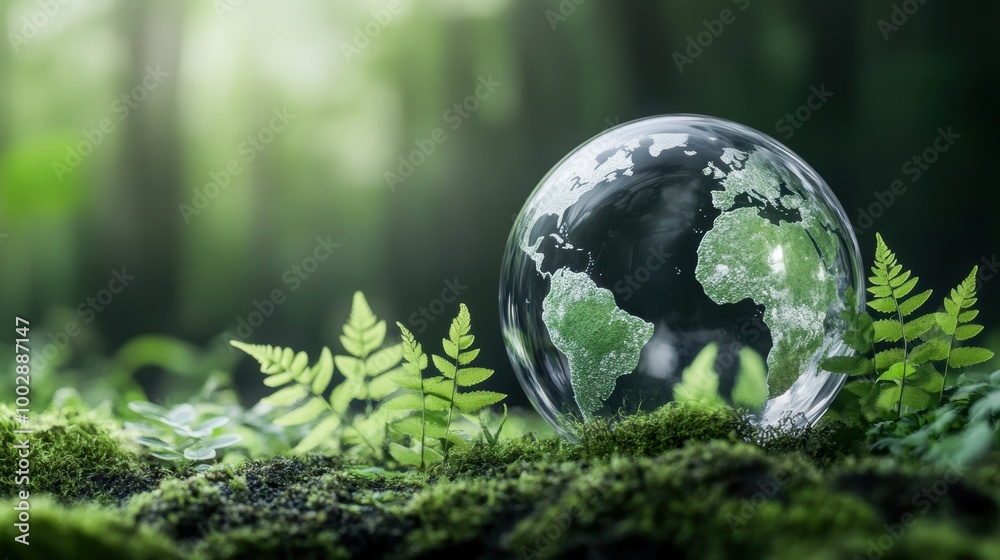 A globe resting on lush green ferns, symbolizing nature and environmental awareness in a serene forest setting.