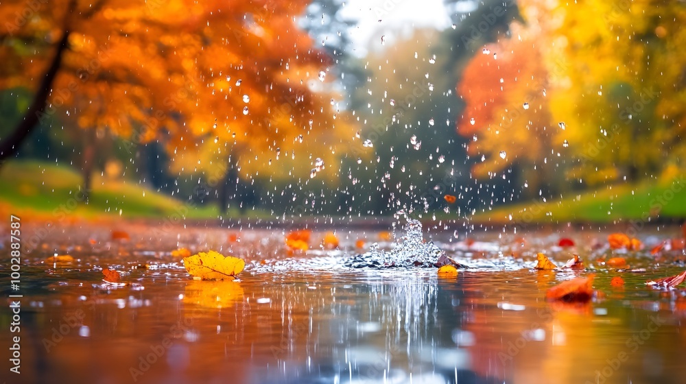 landscape autumn rain drops splashes in the forest background, october weather landscape landscape autumn rain drops splashes in the forest background, october weather landscape