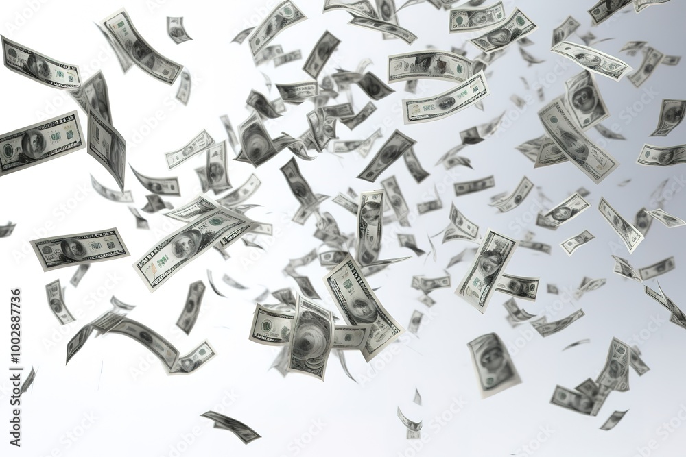 Flying dollars banknotes against the sky background. Money is flying in the air. 100 US banknotes new sample. 3D illustration Flying dollars banknotes against the sky background. Money is flying in the air. 100 US banknotes new sample. 3D illustration