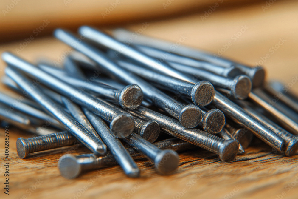 A close-up shot of a scattered pile of metallic nails on a light wooden surface, emphasizing their sharp tips and textured surfaces.
A close-up shot of a scattered pile of metallic nails on a light wooden surface, emphasizing their sharp tips and textured surfaces.