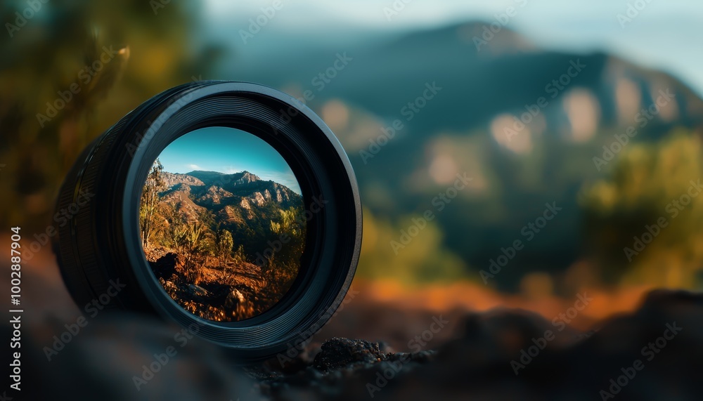Photography lens reflecting a majestic mountain scene, sharp focus on the lens with the blurred landscape in the background, highlighting creative vision