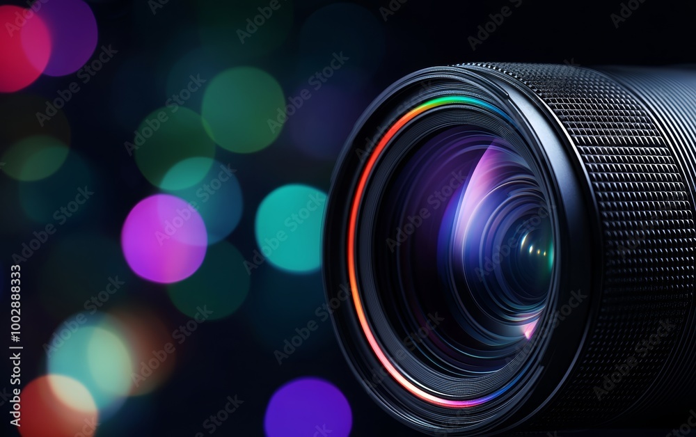 Professional camera lens in a close-up shot, with rainbow-like reflections and smooth bokeh lighting, highlighting the art and precision of capturing moments Professional camera lens in a close-up shot, with rainbow-like reflections and smooth bokeh lighting, highlighting the art and precision of capturing moments