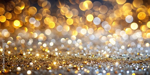 Abstract aerial view of glitter silver and gild lights background out of focus