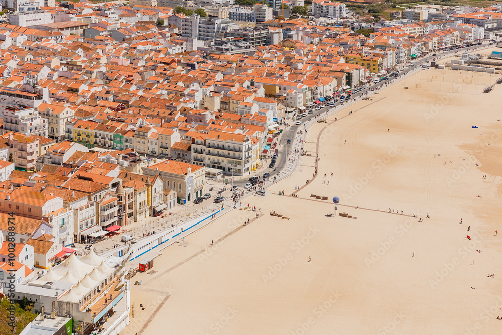 Aerial view of the city of Nazare, Portugal and the Praia, Portugal