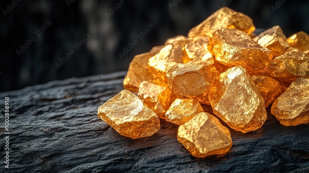 Craft a digital image showcasing the beauty of rough, radiant gold nuggets on a dark, mysterious backdrop, emphasizing their natural allure Craft a digital image showcasing the beauty of rough, radiant gold nuggets on a dark, mysterious backdrop, emphasizing their natural allure