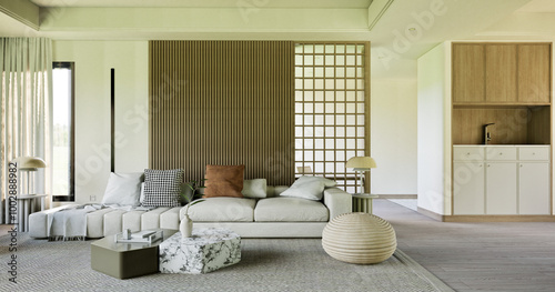Konstfotografi A cozy modern living room interior, featuring elegant furniture, soft lighting,