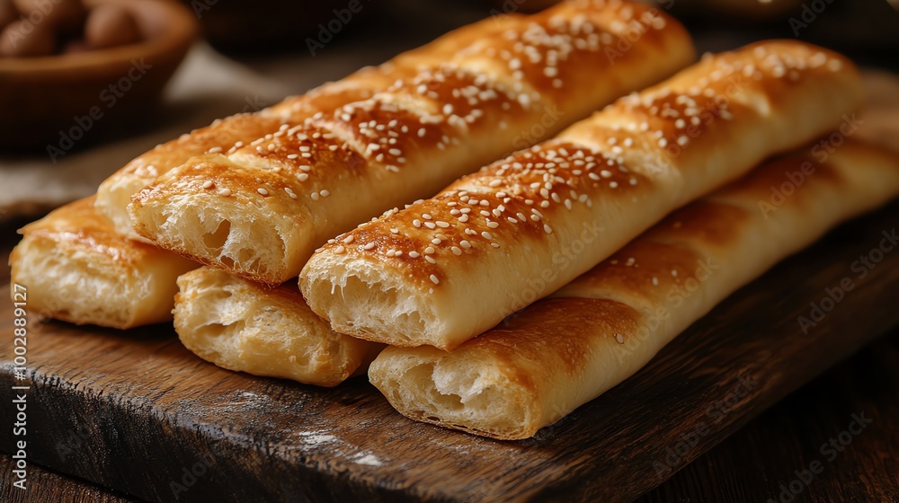 Close-up of crispy breadsticks with sesame seeds, arranged on a rustic wooden board, warm natural light highlighting the golden texture, crispy bread, snack concept Close-up of crispy breadsticks with sesame seeds, arranged on a rustic wooden board, warm natural light highlighting the golden texture, crispy bread, snack concept