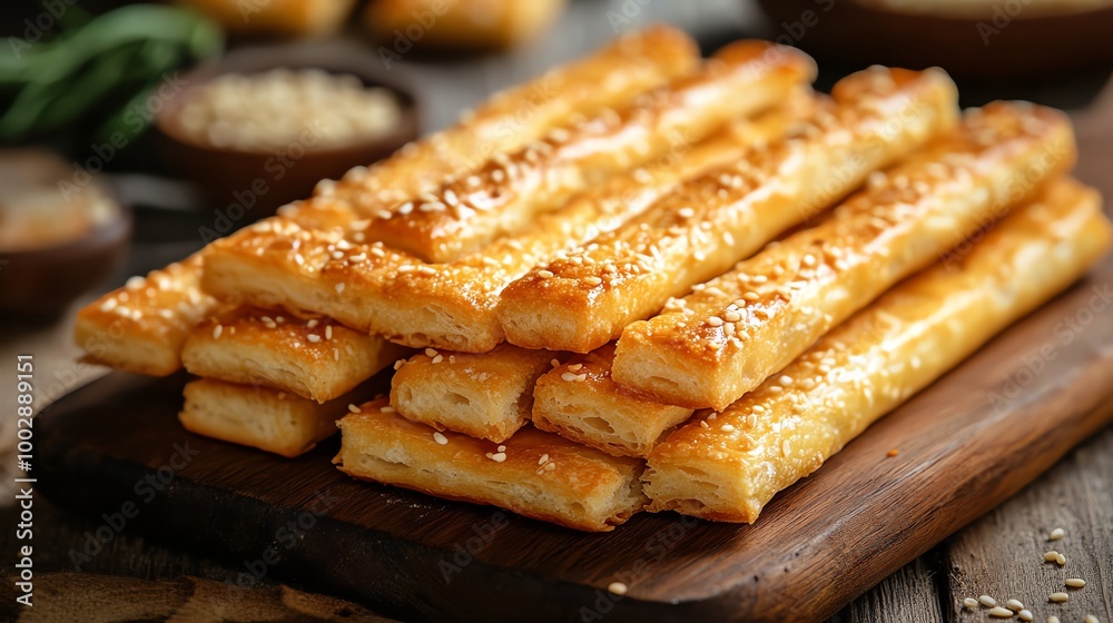 Close-up of crispy breadsticks with sesame seeds, arranged on a rustic wooden board, warm natural light highlighting the golden texture, crispy bread, snack concept Close-up of crispy breadsticks with sesame seeds, arranged on a rustic wooden board, warm natural light highlighting the golden texture, crispy bread, snack concept