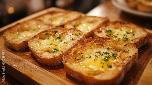 Close-up of crispy garlic bread slices with melting butter, served on a wooden tray, rich golden color and texture highlighted by warm lighting, crispy bread, comfort food snack