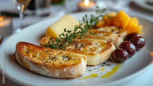 Thin, crunchy baguette slices toasted to perfection, served on a white plate with cheese and fruit as side accompaniments, crispy bread, elegant appetizer photo