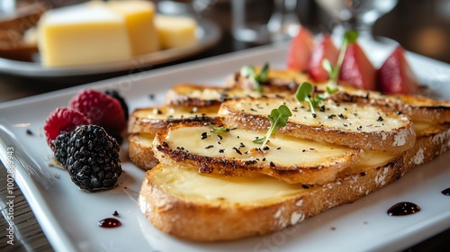 Thin, crunchy baguette slices toasted to perfection, served on a white plate with cheese and fruit as side accompaniments, crispy bread, elegant appetizer photo