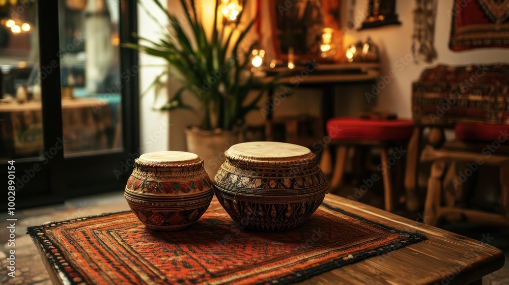 Naklejka premium Two decorative drums on a patterned rug in a cozy, culturally rich interior space.