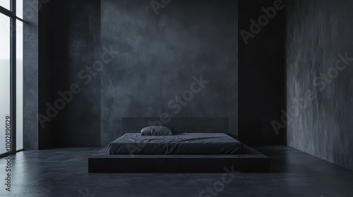 Mock up frame in an empty room with dark charcoal walls and a modern minimalist platform bed, 3D render photo