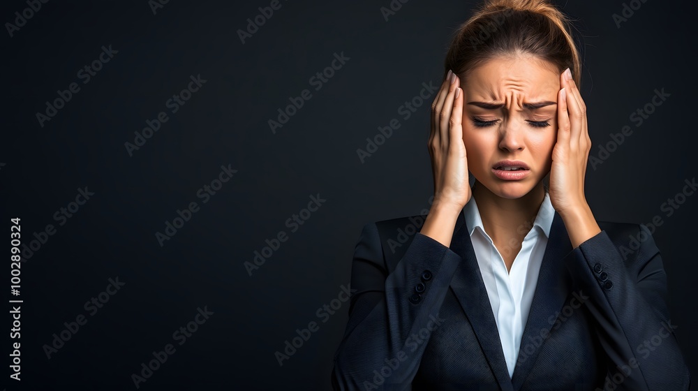 Woman in a suit with a worried expression, focused on her emotional state. Woman in a suit with a worried expression, focused on her emotional state.
