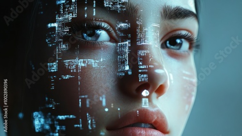 A close-up of a woman's face with digital overlays, blending technology and human features.