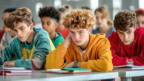 Teenagers focused in a classroom setting.