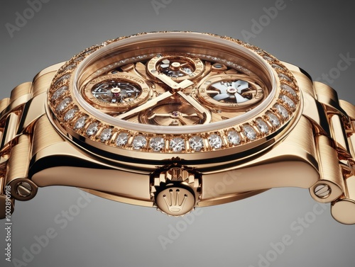 Craft a photorealistic low-angle view of a gold-plated watch, emphasizing its lavishness and intricate design photo