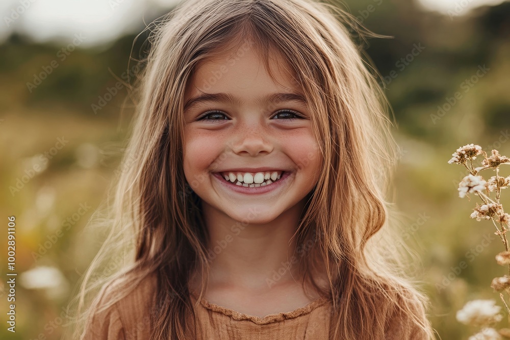 Portrait of cute girl smiling with gap-toothed grin, missing her baby teeth, Generative AI