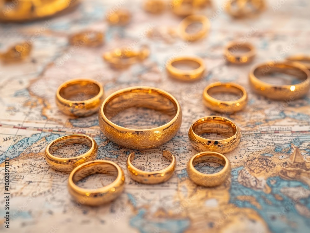Craft a striking image of gold rings scattered across a map viewed from above, conveying a sense of global treasure hunting Craft a striking image of gold rings scattered across a map viewed from above, conveying a sense of global treasure hunting
