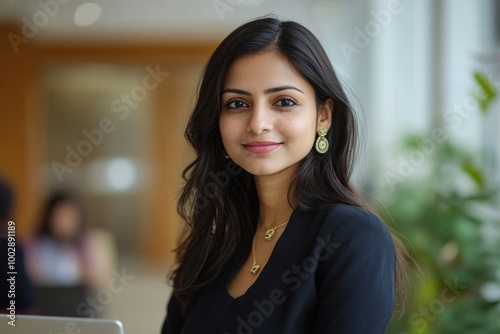 Indian businesswoman with laptop, Generative AI photo