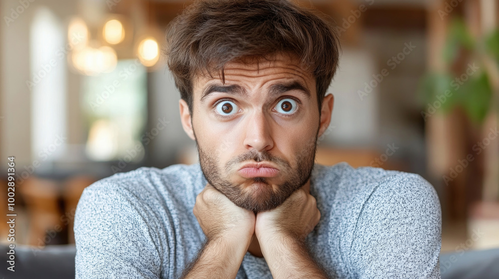 A young man appears puzzled and frustrated, seated indoors with a thoughtful expression while cradling his chin in his hands A young man appears puzzled and frustrated, seated indoors with a thoughtful expression while cradling his chin in his hands