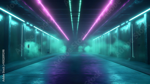 Neon Lights in Futuristic Corridor 3D Render