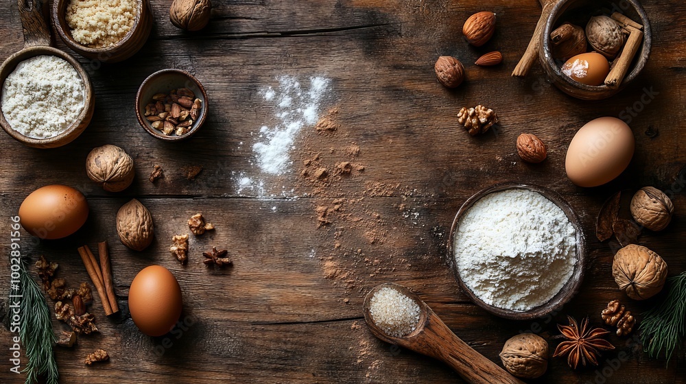 A rustic wooden table is covered with ingredients for baking a sweet treat. There's flour, sugar, eggs, cinnamon, and various nuts. It's a delicious picture ready for a recipe! A rustic wooden table is covered with ingredients for baking a sweet treat. There's flour, sugar, eggs, cinnamon, and various nuts. It's a delicious picture ready for a recipe!