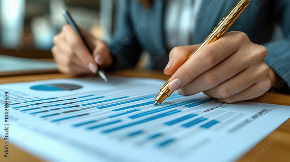 A business professional reviews financial reports with charts and graphs, using a pen to highlight key data in an office environment A business professional reviews financial reports with charts and graphs, using a pen to highlight key data in an office environment