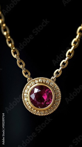 Create a dazzling 3D render of a gold necklace with a lustrous ruby centerpiece shimmering against a velvet black background