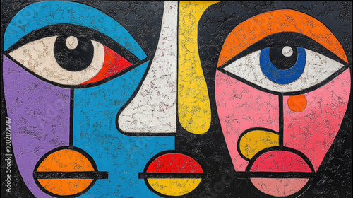 Bold abstract art showcases two faces with striking colors and geometric shapes, offering a captivating view in a unique artistic setting